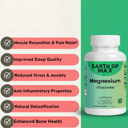 Earth Sip Max Magnesium supplement bottle with listed benefits on a green and white background